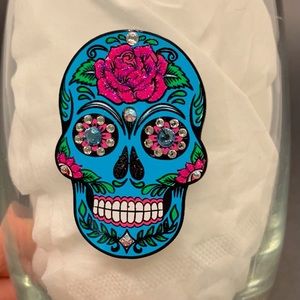 BLING GLITTER & SWAROVSKI CRYSTALS BLUE & PINK SUGAR SKULL STEMLESS WINE GLASS